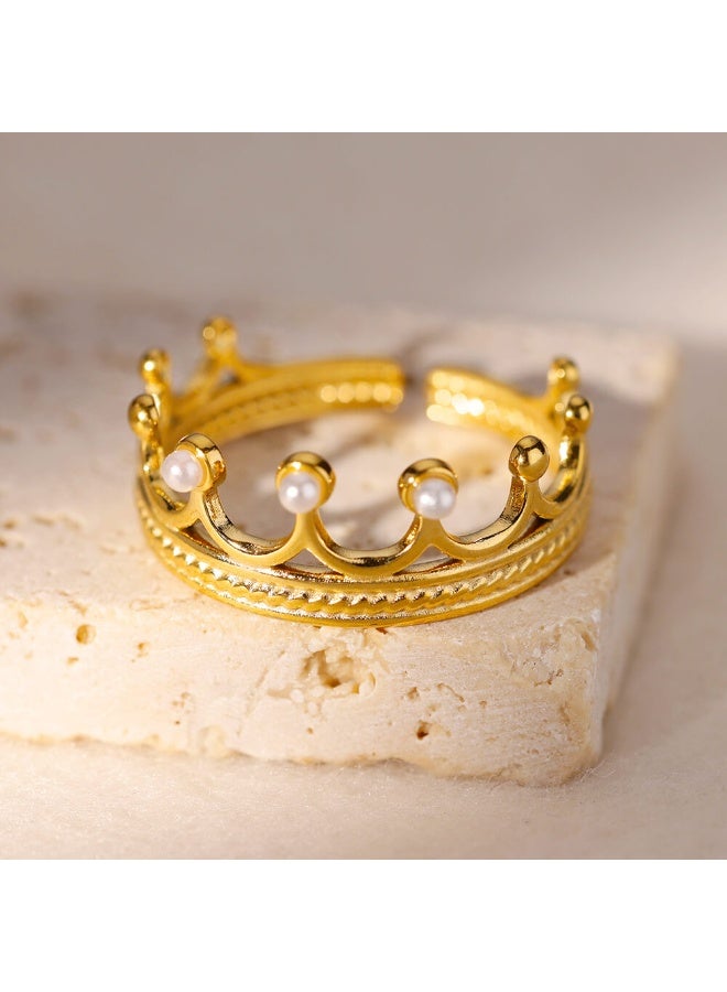 خاتم تاج ذهبي مزين باللؤلؤ – تصميم ملكي قابل للتعديل – ستانلس ستيل مضاد للحساسية - Image 2